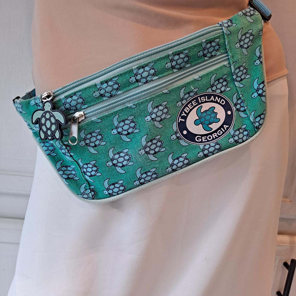 Tybee Island Georgia Green Blue Teal Turtle Print Canvas Travel Waist Fanny Bag